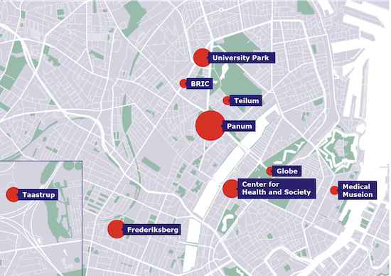 Map showing the departments of The Faculty of Health and Medical Sciences